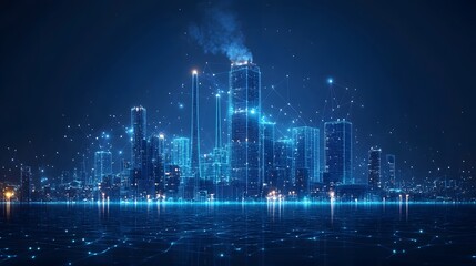 Futuristic metropolis at night, glowing blue skyscrapers reflected in water. A networked digital cityscape with interconnected designs and smoke. Abstract wireframe in dark blue
