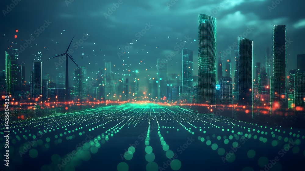 Poster futuristic cityscape glows under a teal sky. skyscrapers with grid textures and soft lighting mix wi
