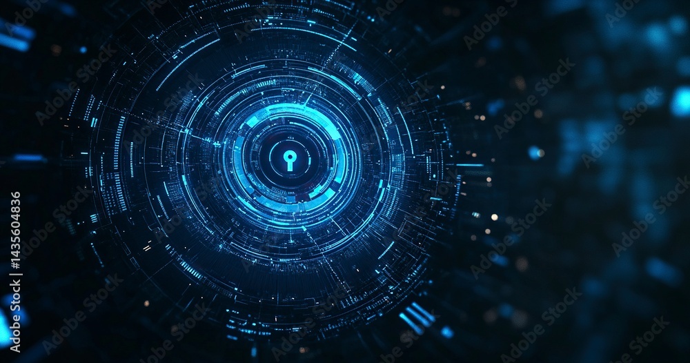 Poster abstract futuristic background with a digital padlock symbol in a blue circle on a dark background, 