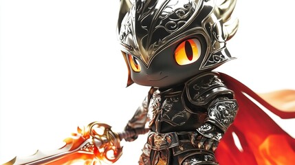 Cute chibi knight in dark armor, holding a flaming sword against white background.