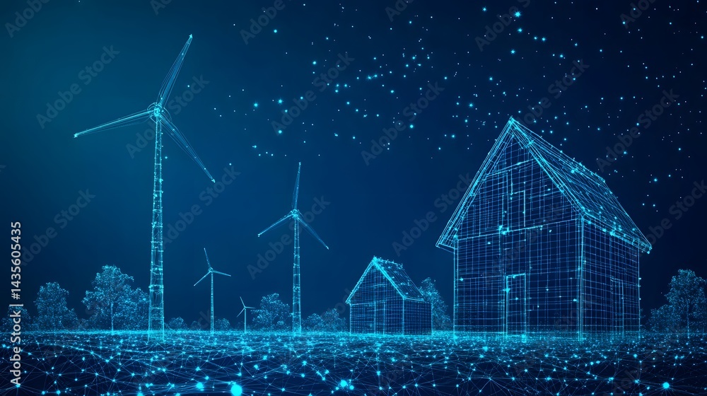 Poster futuristic landscape featuring glowing blue wireframe wind turbines and houses against a digital ter