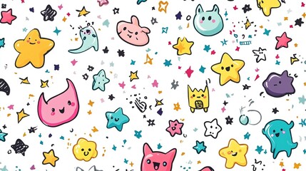 Obraz premium Cute cartoon characters and stars seamless pattern.