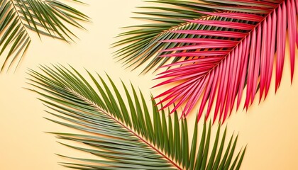 Obraz premium Vibrant tropical palm leaves flat lay on bright background; minimal summer fashion concept, colorful background, vibrant