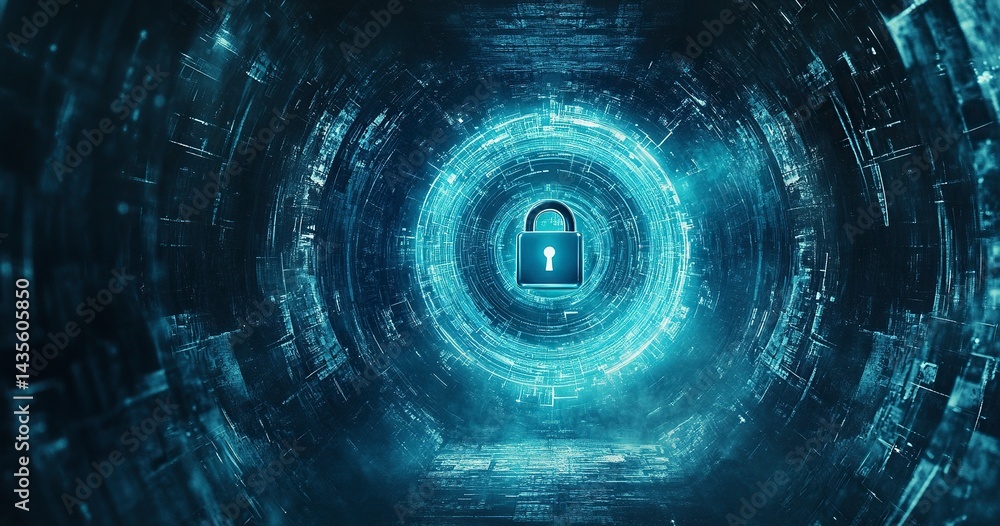 Poster abstract futuristic background with a digital padlock symbol in a blue circle on a dark background, 