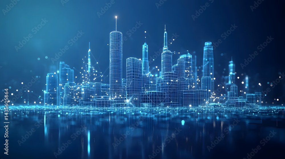 Fototapete futuristic city rendered in wireframe style, buildings interconnected grids, glowing blue. white dot