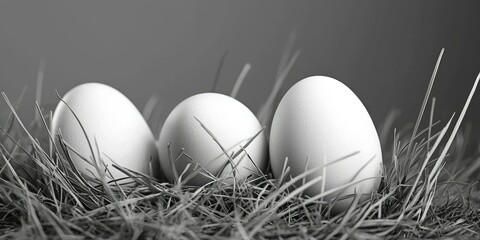 Monochrome Easter egg decorations in a minimalist grassy setting