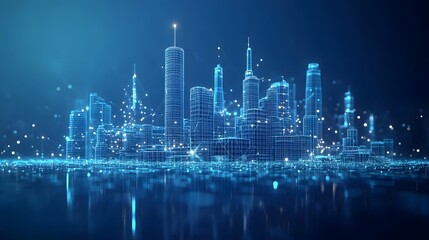 Futuristic city rendered in wireframe style, buildings interconnected grids, glowing blue. White dots symbolize data networks. Reflective waterfront adds depth. Abstract wireframe in dark blue.