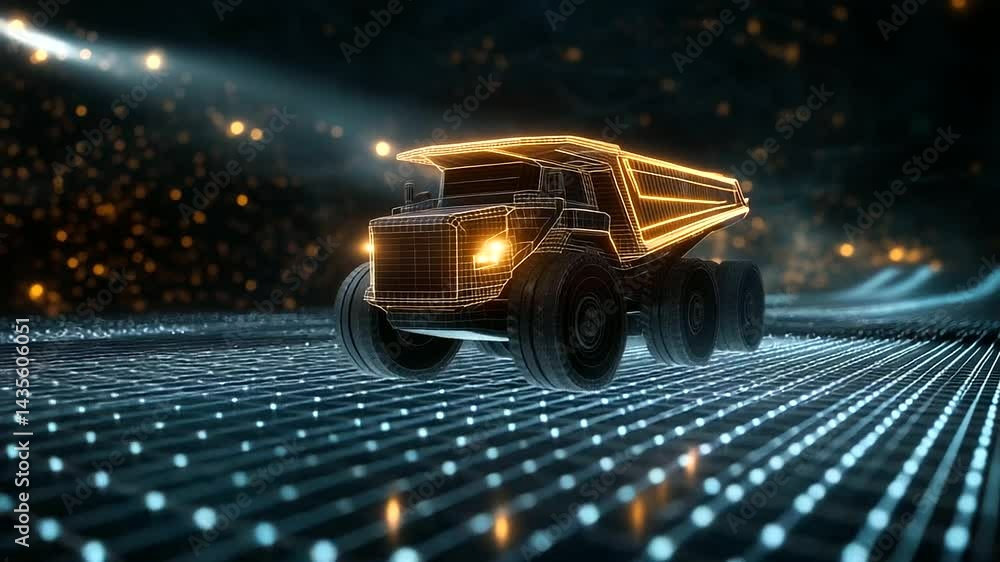 Aufkleber a concept mining truck designed with aerodynamic curves and illuminated smart sensors, driving acros