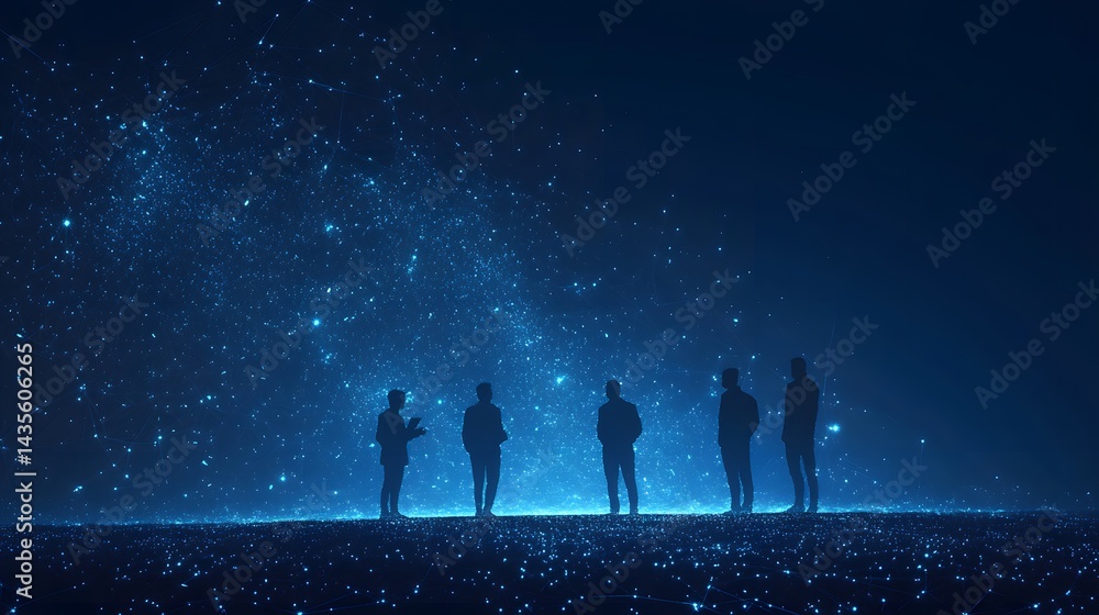Aufkleber silhouettes interact with a luminous digital web, creating a futuristic, immersive scene. glowing co