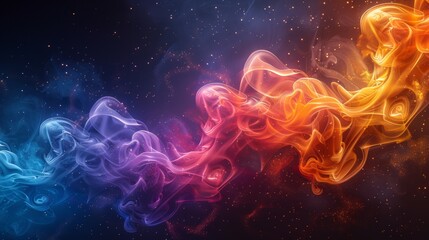 Obraz premium Full rainbow color smoke trail winding horizontally through the middle of the composition, glowing intensely against the black background and forming delicate spirals. Vibrant motion concept