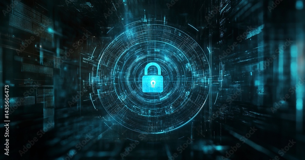 Poster abstract futuristic background with a digital padlock symbol in a blue circle on a dark background, 