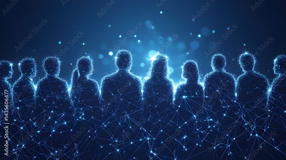 Poster a digital visualization of human connection, showcasing interconnected silhouettes linked by a netwo