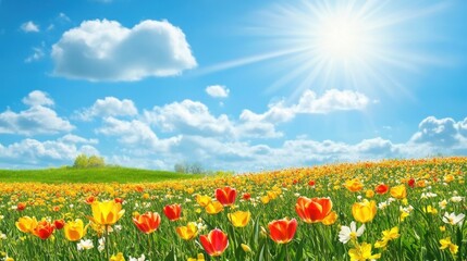Fototapeta premium sunny spring meadow with colorful tulips