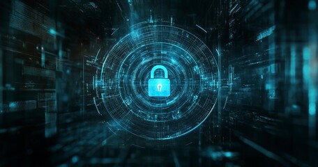 Obraz premium Abstract futuristic background with a digital padlock symbol in a blue circle on a dark background, representing the concept of security and data protection for online presence or business technology 