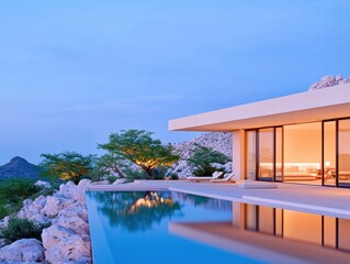 Fototapeta premium Modern desert home with infinity pool, reflecting sunset light. Stunning mountain views