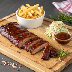 Grilled Meat Skewers with Lemon, Cherry Tomatoes, and Herbs on Wooden Platter – High-Angle View