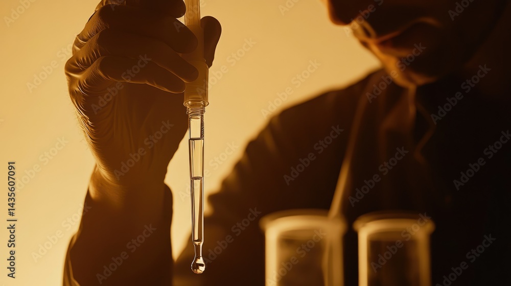 Aufkleber a scientist's gloved hand precisely dispenses liquid using a pipette in a laboratory setting.