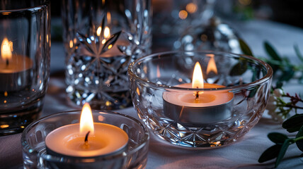 the candle flames flickering against crystal reflections
