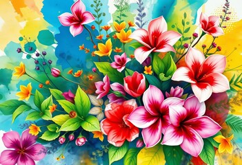 Vibrant watercolor blooms and lush greenery explode across a colorful canvas, an abstract celebration of nature's beauty, modern art, impressionism