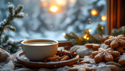 Fototapeta premium Stimmungsvolles Winter-Essen – heißer Punsch und Lebkuchen in Holzschale