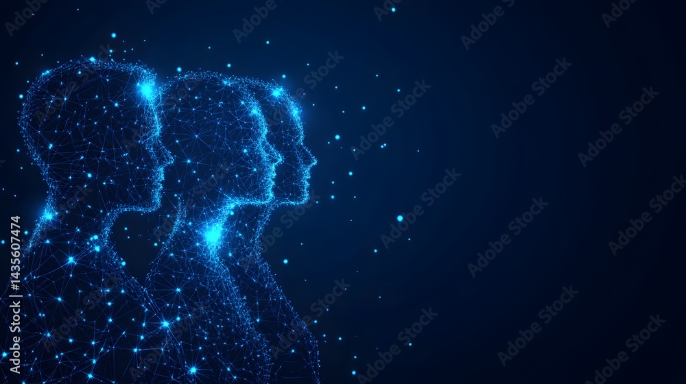 Poster futuristic figures glow intensely as interconnected blue networks. profiles aligned against a deep b