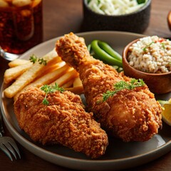 Crispy Fried Chicken Drumstick Meal with French Fries, Green Beans, Coleslaw, and Soda