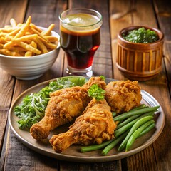 Crispy Fried Chicken Drumstick Meal with French Fries, Green Beans, Coleslaw, and Soda