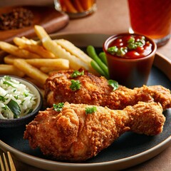 Crispy Fried Chicken Drumstick Meal with French Fries, Green Beans, Coleslaw, and Soda