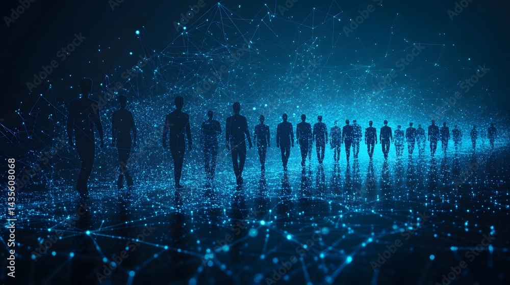 Poster silhouetted figures traverse a luminous network of blue lights, mirroring a connected world above. a