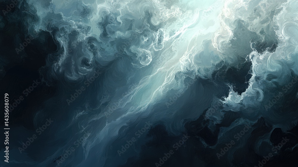 Poster dramatic swirling clouds illuminated by soft light, creating a mystical atmosphere in the sky