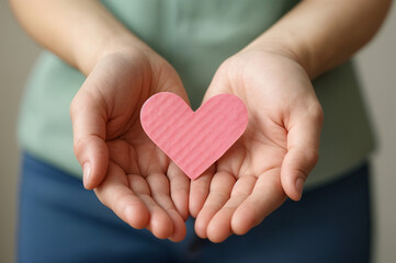 Fototapeta premium Person holding a pink paper heart suitable for Valentines Day, love, romance, relationships, affection, kindness, caring, heartfelt emotions, and compassion.