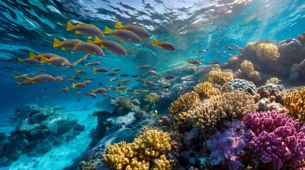 Naklejka premium Underwater photography of vibrant coral reef and marine life tropical ocean scene deep blue sea environment scuba diving exploration