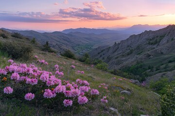 Fototapeta premium Pink rhododendron flowers on the mountain slope against the background of a beautiful purple sunset and mountains, a colorful landscape. 