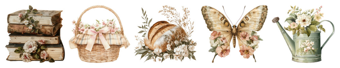 PNG Vintage floral rustic decor elements, element set on transparent background
