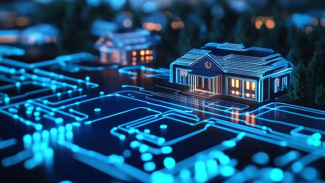 A luxurious villa behind a transparent cybernetic chain, glowing with neon blue circuits, symbolizing secure tokenized real estate assets.