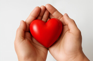 Obraz premium Two hands cradle a red heart. Suitable for love, care, valentines day, relationships, charity, health, medical concepts, giving.