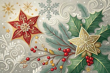 Elegant Christmas Background Festive Stars, Holly, and Berries