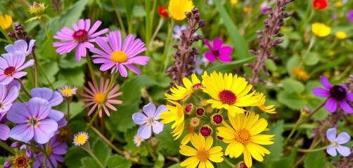 Fototapeta premium Vibrant wildflowers and delicate dead nettle blooms in natural setting, nature, spring