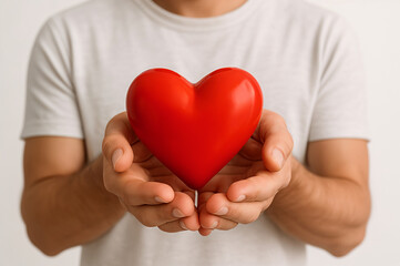 Man holding red heart, symbolizing love and care. Ideal for Valentines Day promotions, healthcare campaigns, and romantic designs.