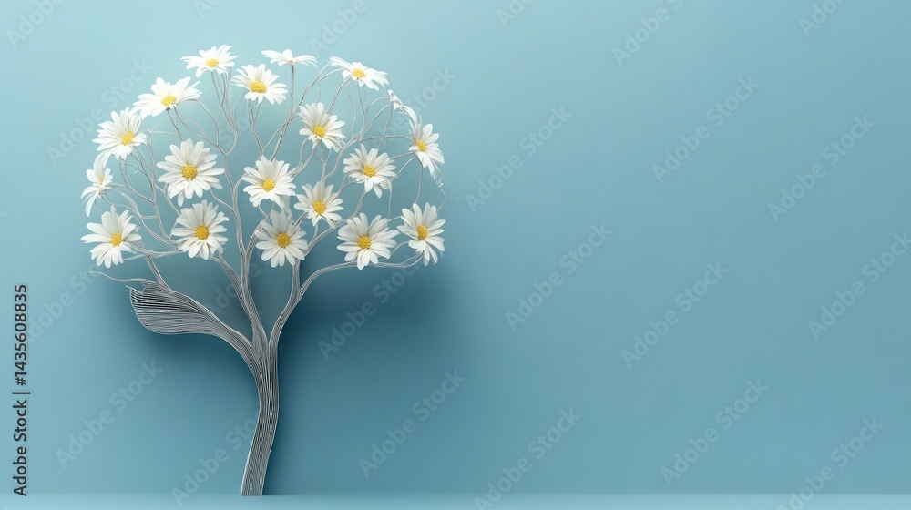 Aufkleber conceptual depiction of a minimalist tree with daisy blossoms against a serene blue backdrop evoking themes of spring growth and creative visualization with space for text