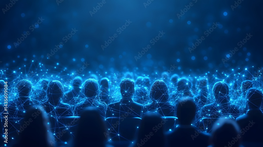 Poster digital network visualizing interconnected individuals. silhouetted figures merge with data streams,