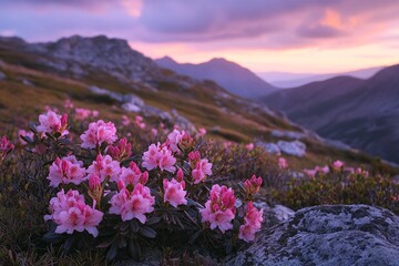 Fototapeta premium Pink rhododendron flowers on the mountain slope against the background of a beautiful purple sunset and mountains, a colorful landscape. 