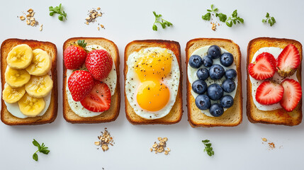 Colorful Toasts with Fruits, Vegetables, and Eggs