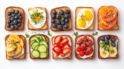 Colorful Assorted Toasts with Fresh Fruits, Vegetables, and Eggs