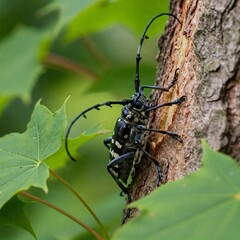 Asian Longhorn Beetle Eating Maple Tree in Natural Habitat