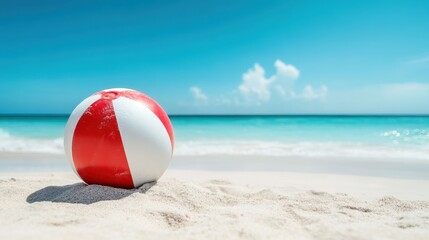 A vibrant beach ball with red and white stripes is positioned on a sandy beach, capturing the essence of summer fun and relaxation by the tranquil ocean.