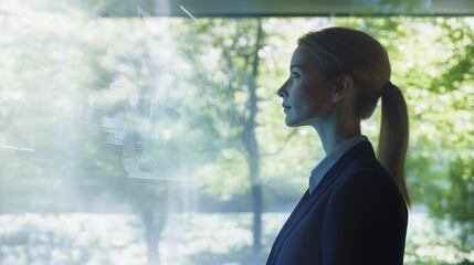 A businesswoman gazes thoughtfully at a digital interface displayed on a window, showcasing a blend of technology and nature.