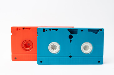 An old colored vhs tape isolated on a white backgraund. 