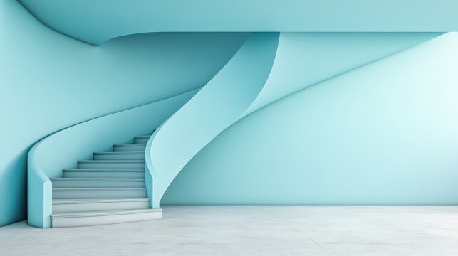 This image presents a creatively designed blue staircase that curves beautifully, set against a matching blue wall, reflecting modern aesthetics and artistic architectural style.