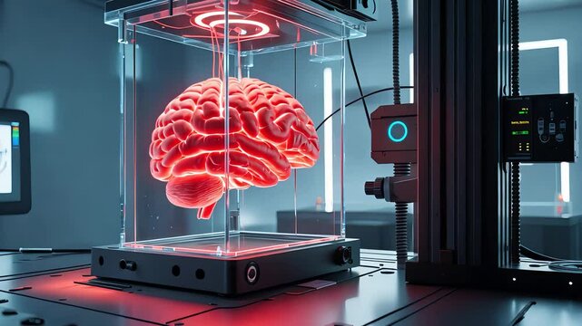 Futuristic brain model being printed in 3D using advanced technology, with glowing red details and a high-tech laboratory setting

